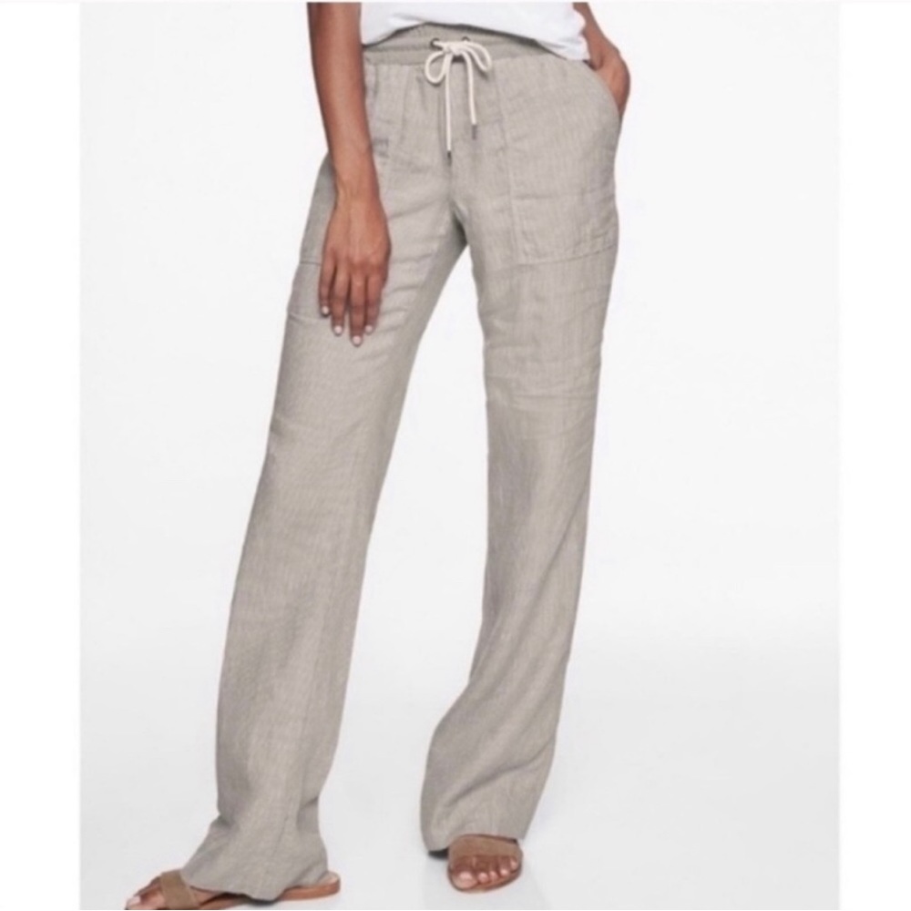 Athleta Bali 100% Linen Wide Leg Pinstripe Natural Elastic Waist Trouser Pants